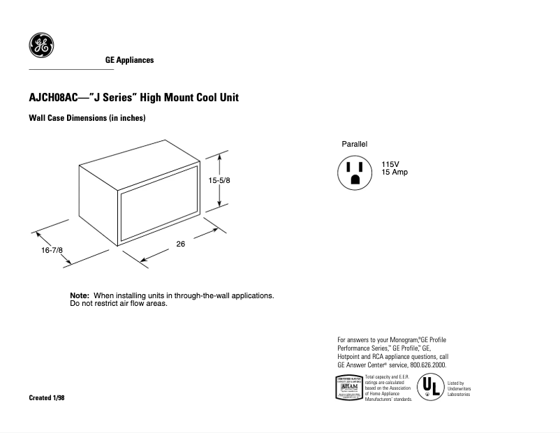 Page 1 of the manual Technical Sheet GE AJCH08AC