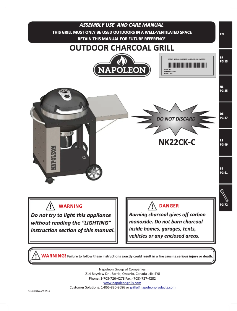 Page 1 de la notice Manuel utilisateur Napoleon PRO22-CART-2
