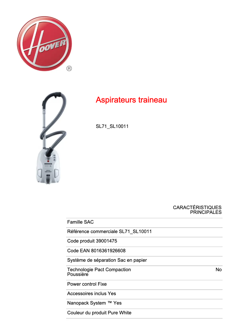 Page n°1 - Fiche technique Hoover SL71_SL10011