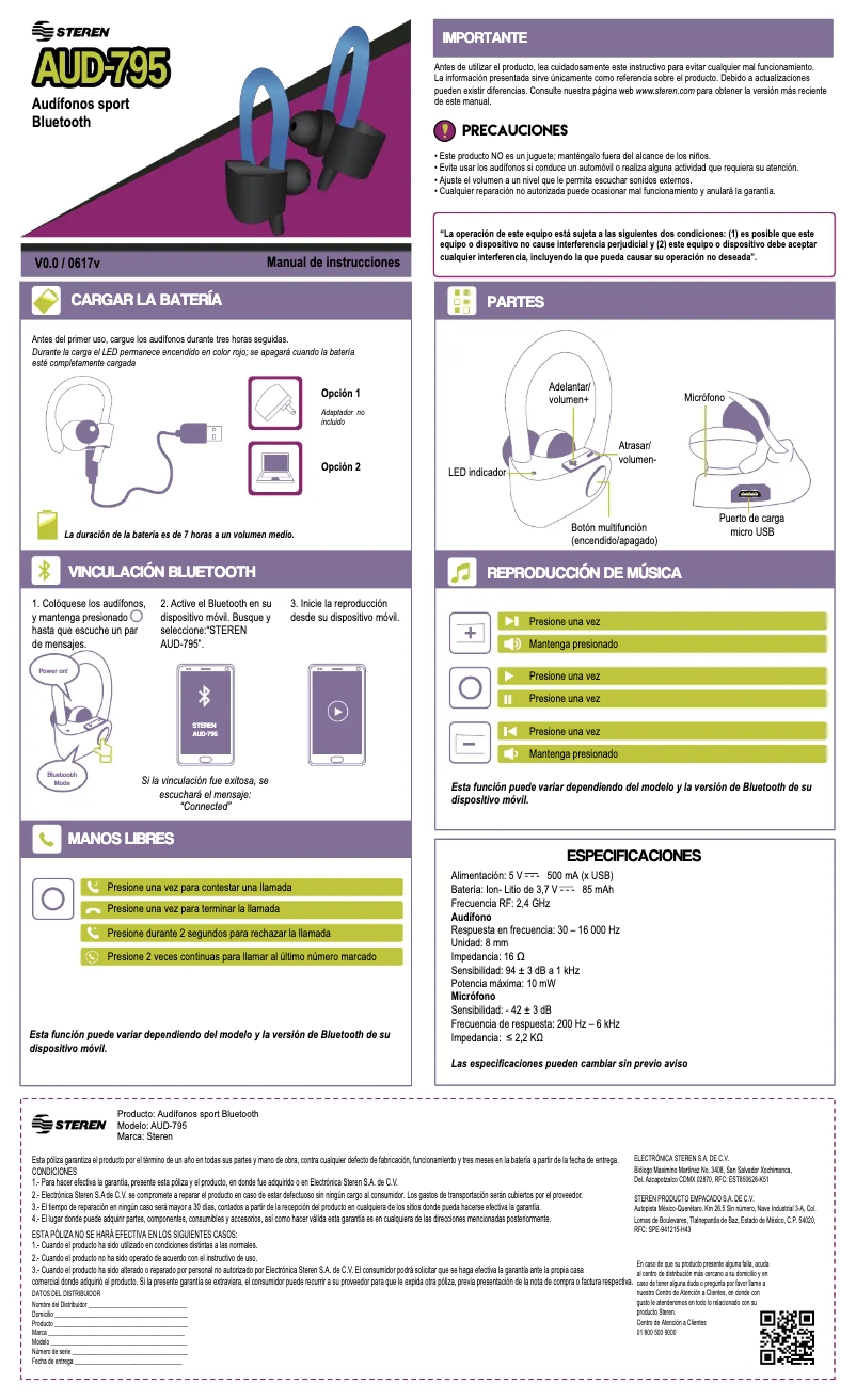 Page 1 de la notice Manuel utilisateur Steren AUD-795
