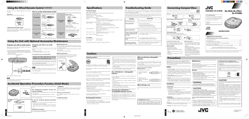 Page 1 de la notice Manuel utilisateur JVC XL-PV400