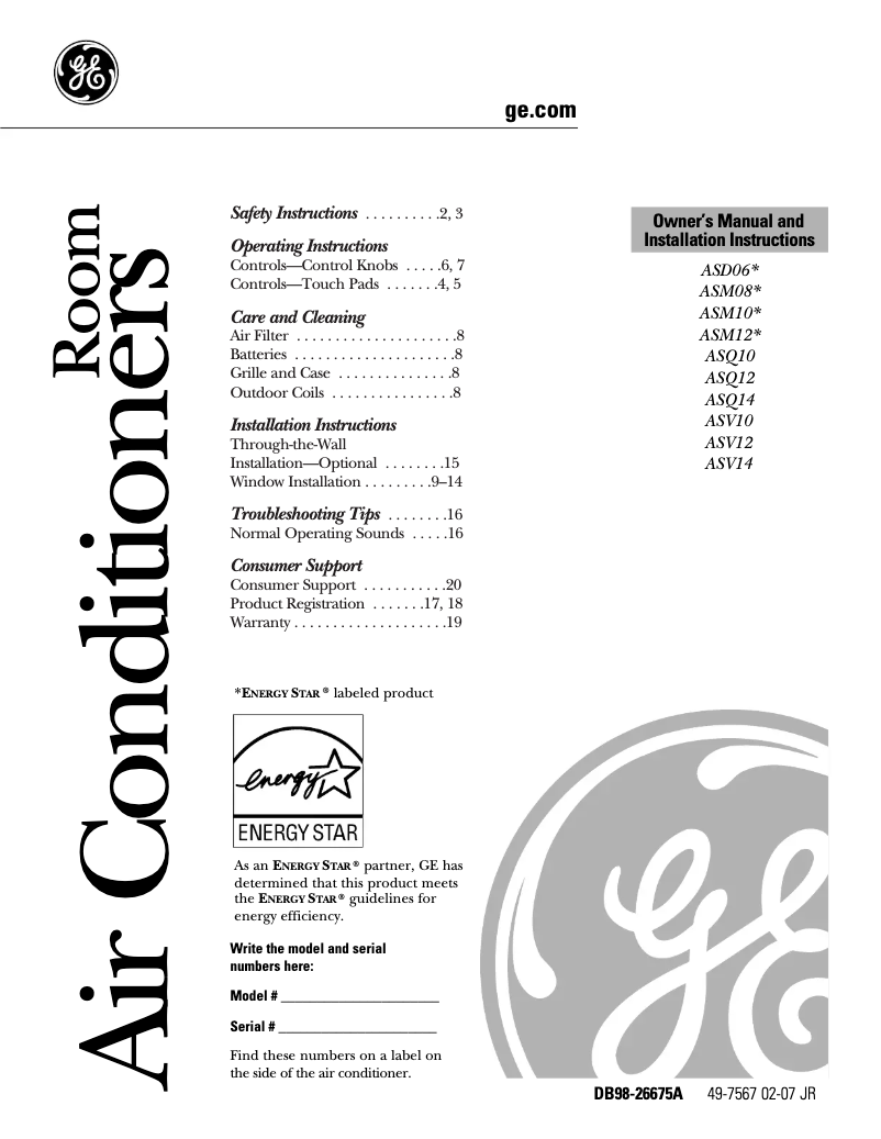 Page 1 de la notice Guide d'installation GE ASM08LK