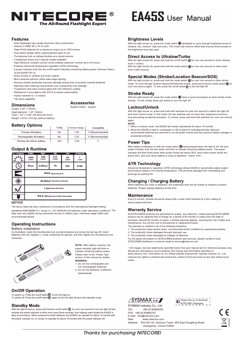 Page 1 de la notice Manuel utilisateur Nitecore EA45S