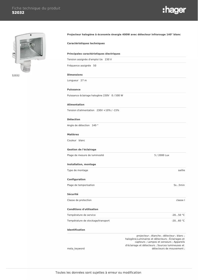 Page 1 de la notice Fiche technique Hager 52032