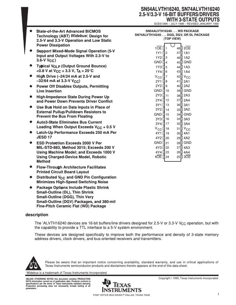 Page 1 de la notice Manuel utilisateur Texas Instruments SN74ALVTH16240DL