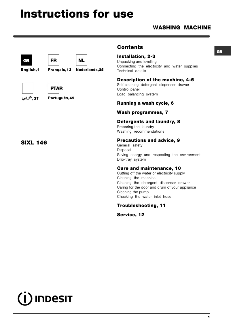 Page 1 de la notice Manuel utilisateur Indesit SIXL 146 (EU)