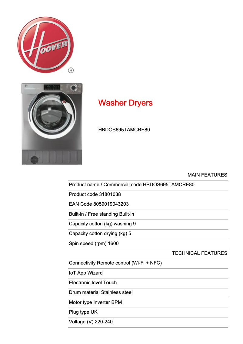 Page n°1 - Fiche technique Hoover H-WASH 300 PRO HBDOS695TAMCRE80