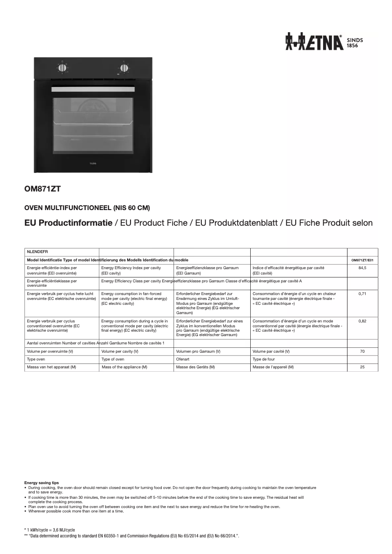 Page n°1 - Fiche technique Etna OM871ZT