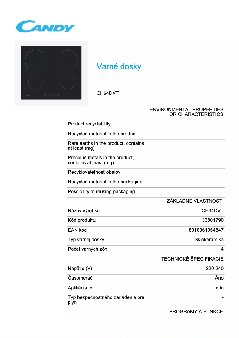 Page 1 de la notice Fiche technique Candy CH64DVT