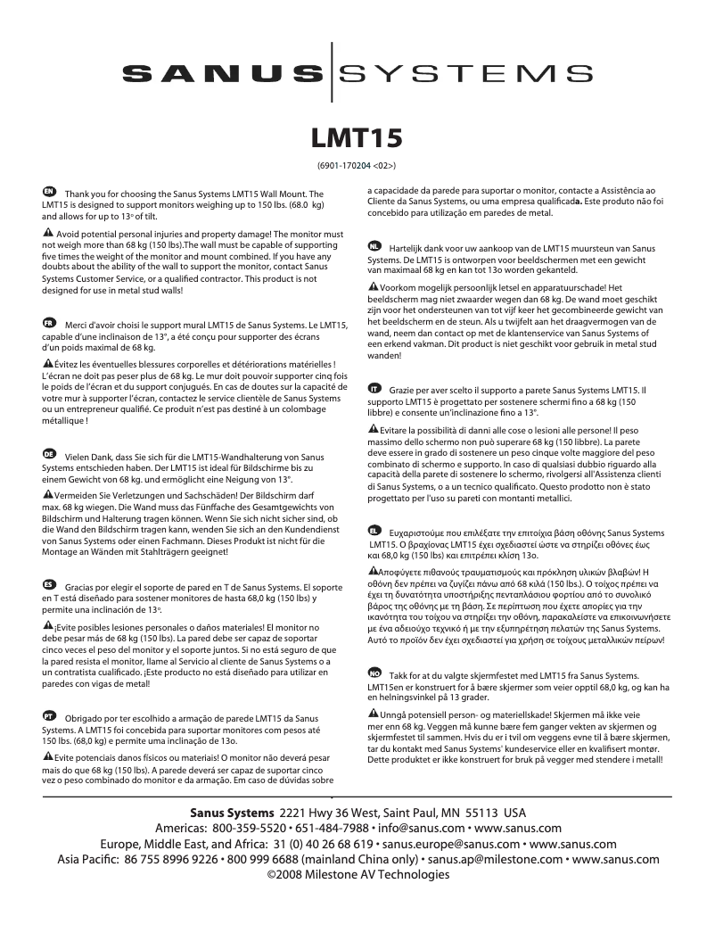 Page 1 de la notice Manuel utilisateur Sanus VisionMount LMT15