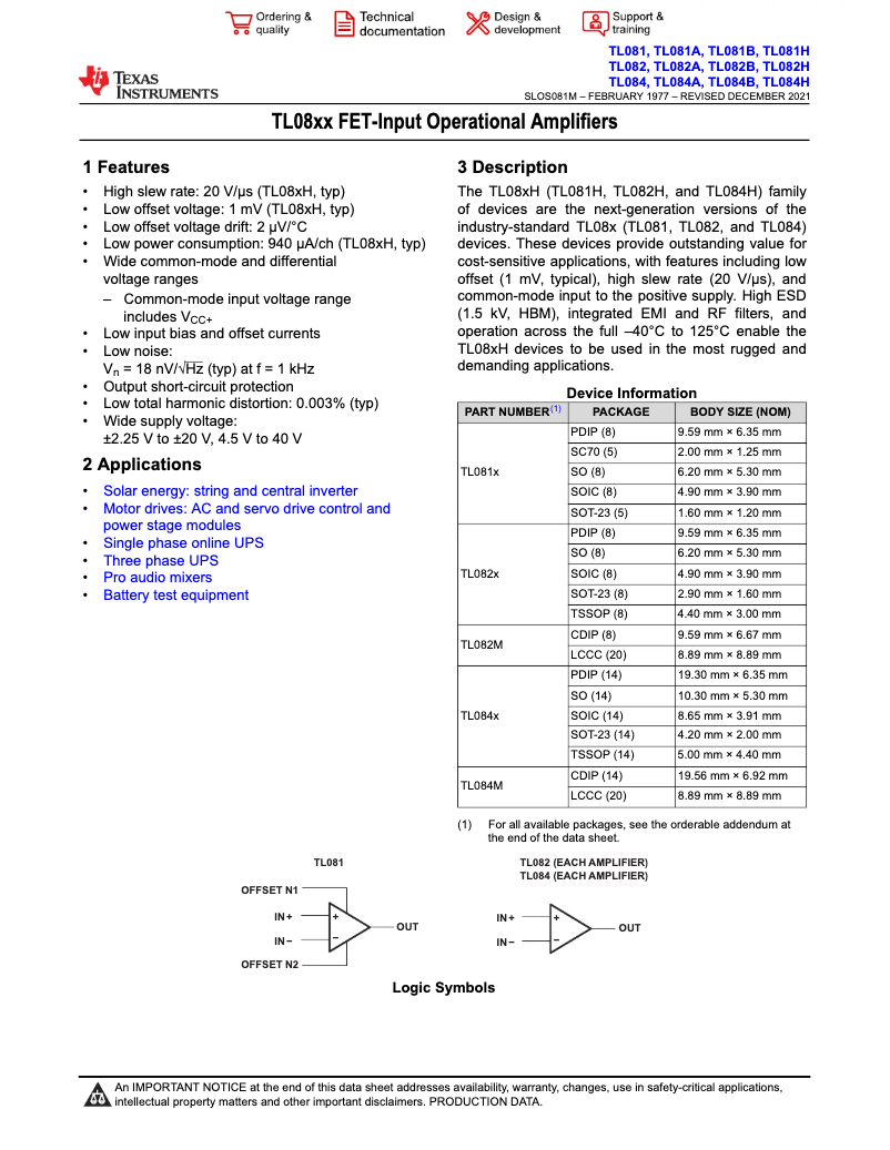 Page 1 de la notice Manuel utilisateur Texas Instruments TL082IP