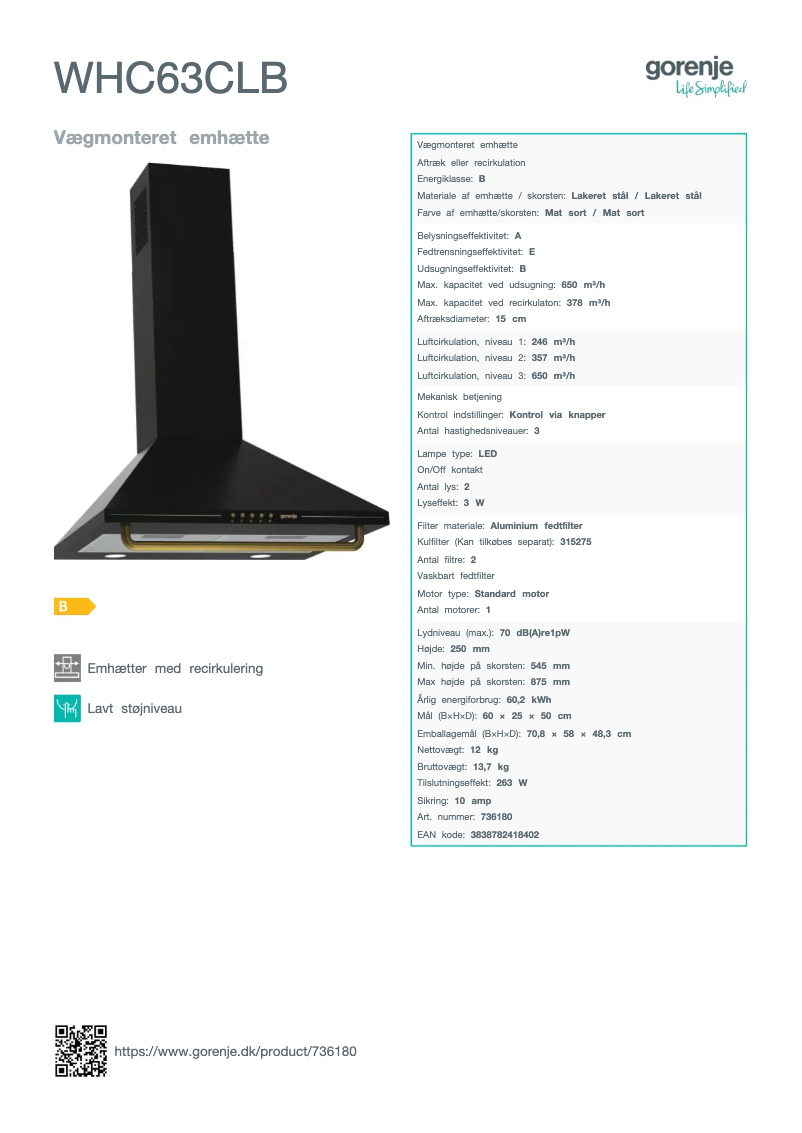 Page n°1 - Fiche technique Gorenje WHC63CLB