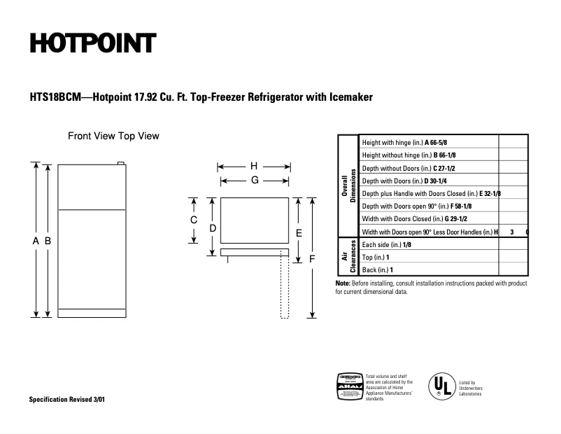 Page 1 de la notice Fiche technique Hotpoint HTS18BCMRWW