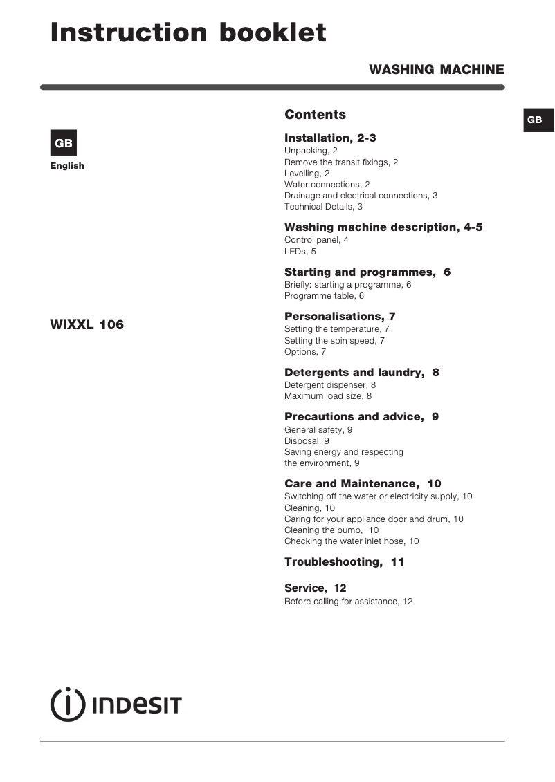 Page n°1 - Manuel utilisateur Indesit Maxi WIXXL 106 (EU)