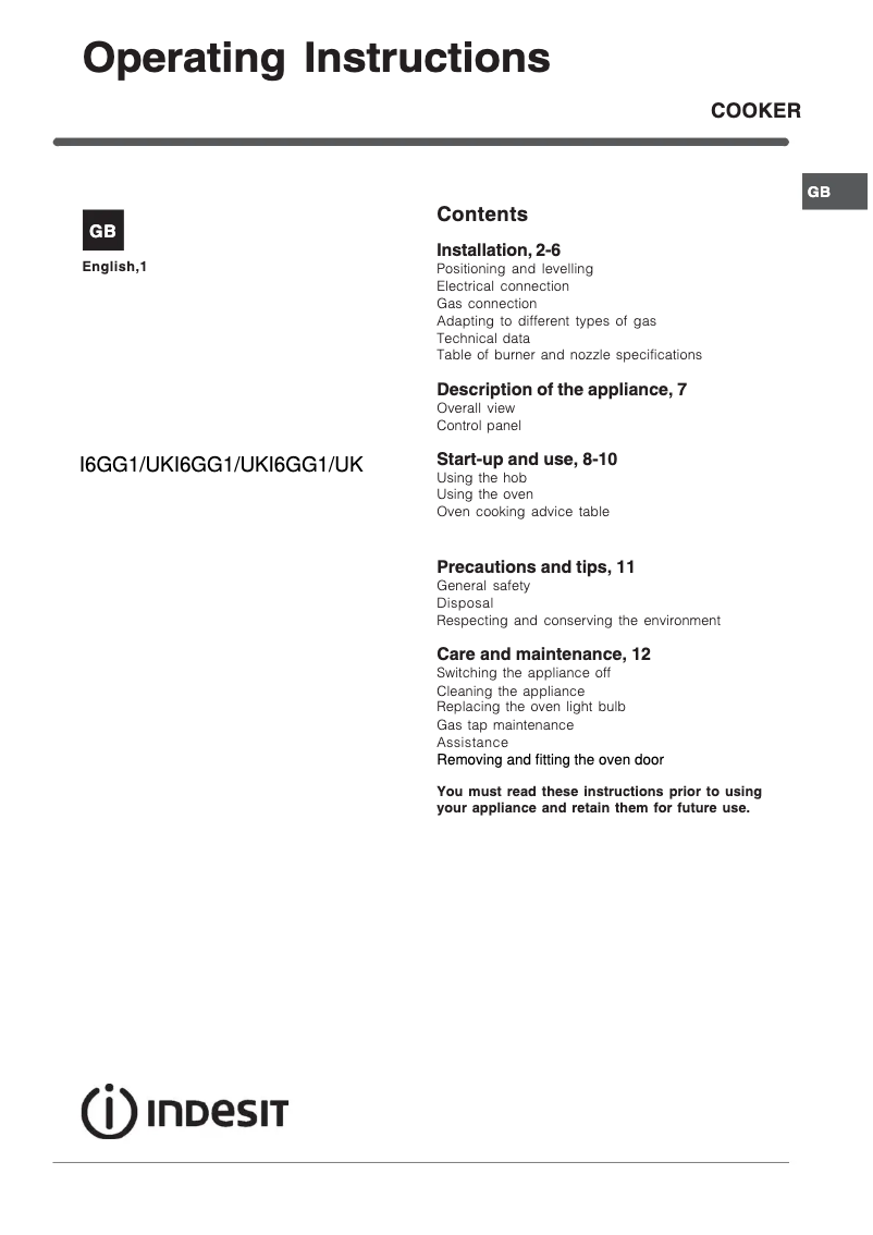 Image de la première page du manuel de l'appareil I6GG1WUK