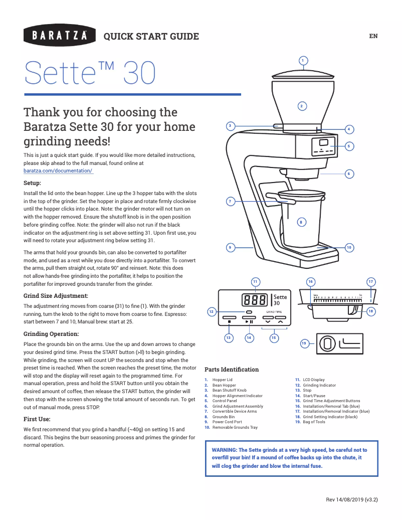 Page n°1 - Guide de démarrage rapide Baratza Sette 30
