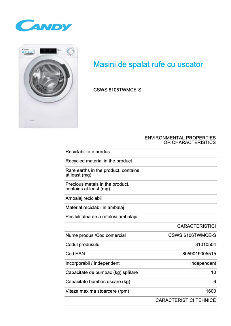 Page 1 de la notice Fiche technique Candy CSWS 6106TWMCE-S