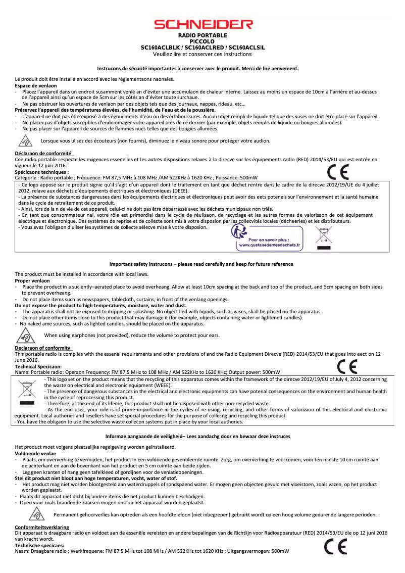 Page 1 de la notice Mode d'emploi Schneider SC160ACL