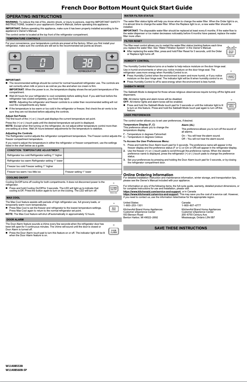 Page 1 de la notice Guide de démarrage rapide KitchenAid KRFC302ESS