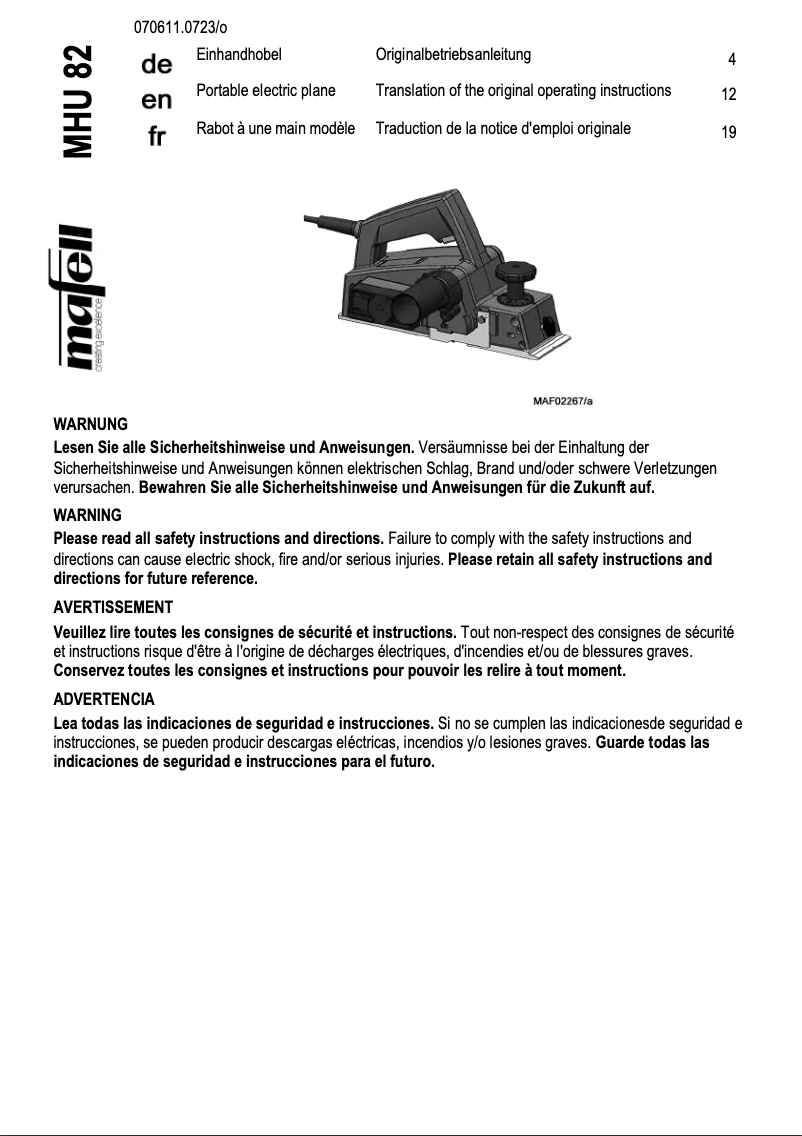 Page n°1 - Manuel utilisateur Mafell MHU 82