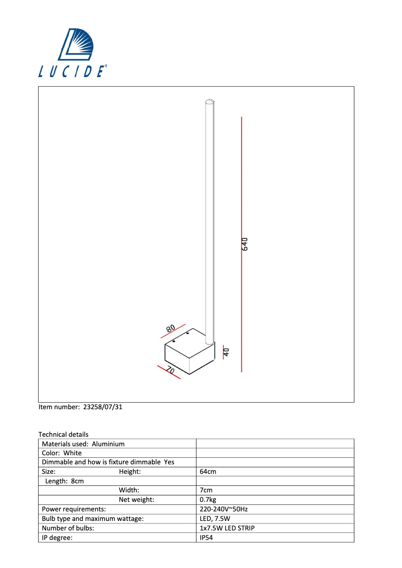 Page 1 de la notice Manuel utilisateur Lucide Sirius 23258/07/31