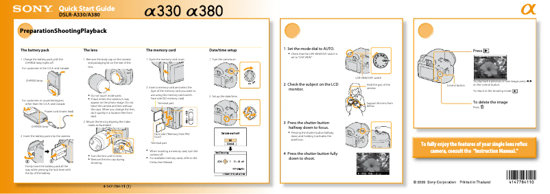 Page n°1 - Guide d'installation Sony Alpha DSLR-A380L