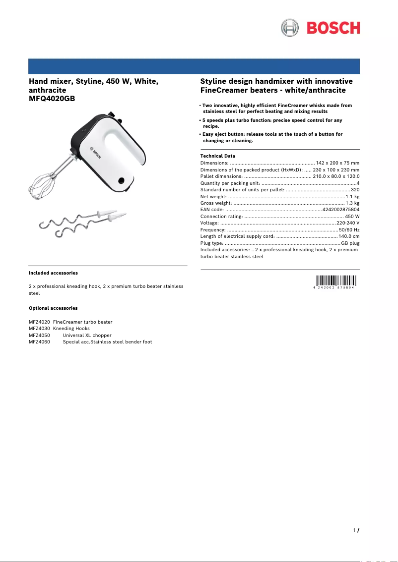 Page 1 de la notice Fiche technique Bosch Styline MFQ4020