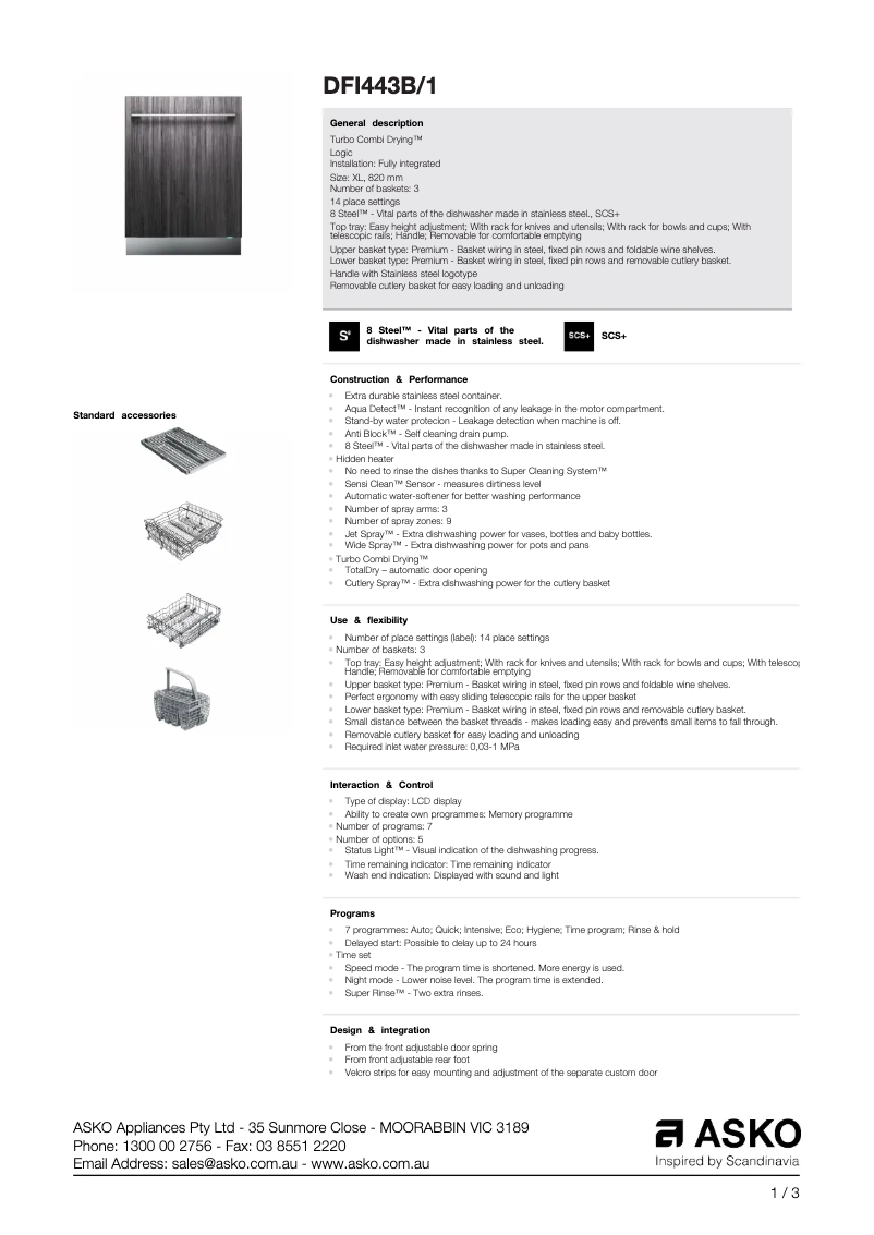 Page n°1 - Fiche technique Asko DFI 443 B