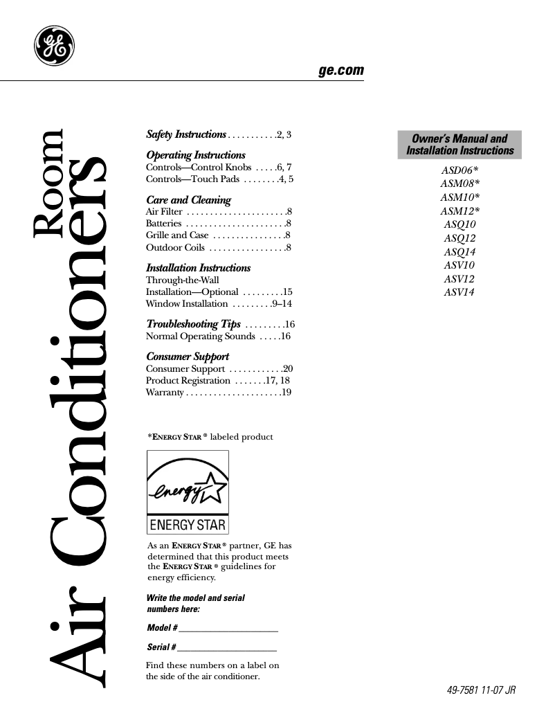 Page 1 de la notice Guide d'installation GE ASV10AL