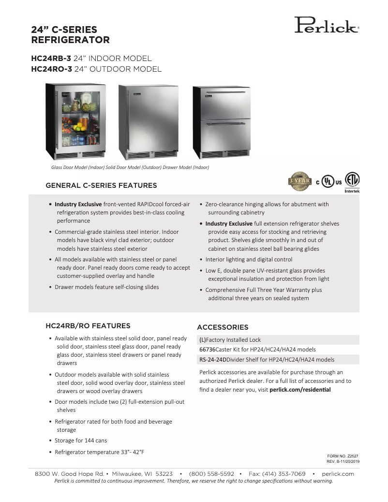 Page 1 de la notice Fiche technique Perlick C-Series HC24RB-3-6