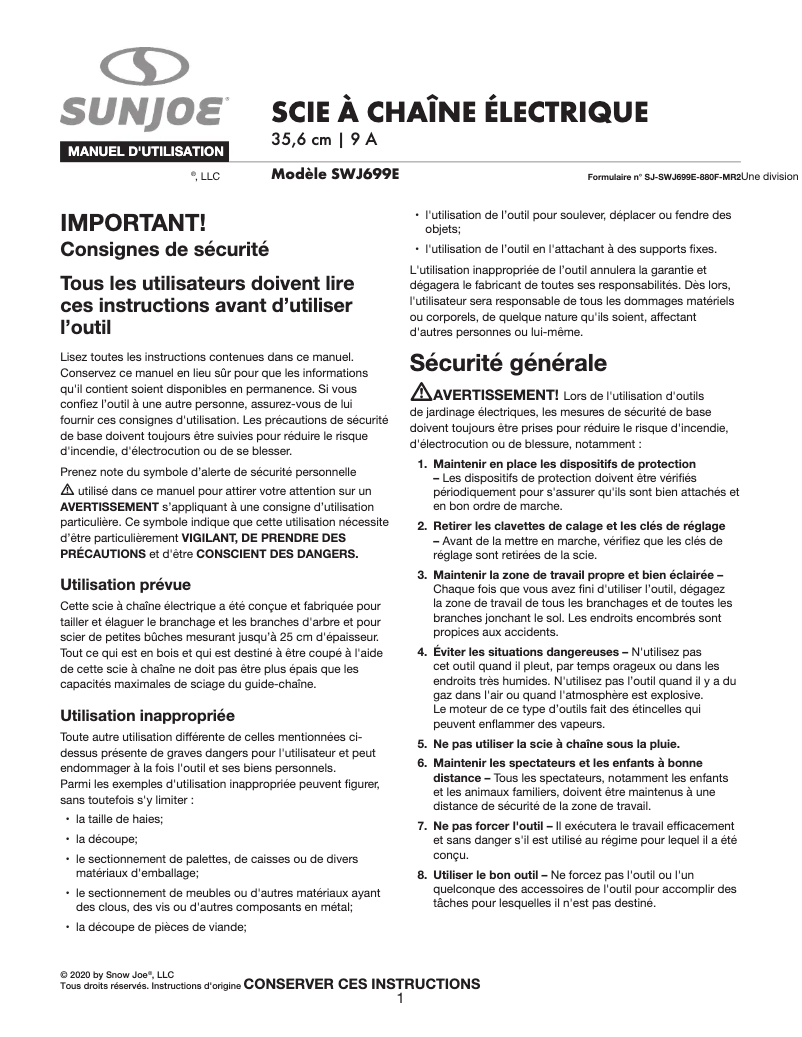 Page 1 de la notice Manuel utilisateur Sun Joe SWJ699E