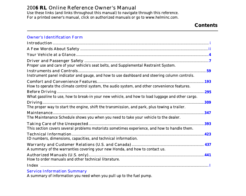 Página 1 del manual Manual de usuario Acura RL (2006)