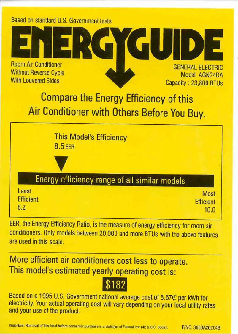 Page 1 de la notice Label énergétique GE Quiet-Aire AGN24DA