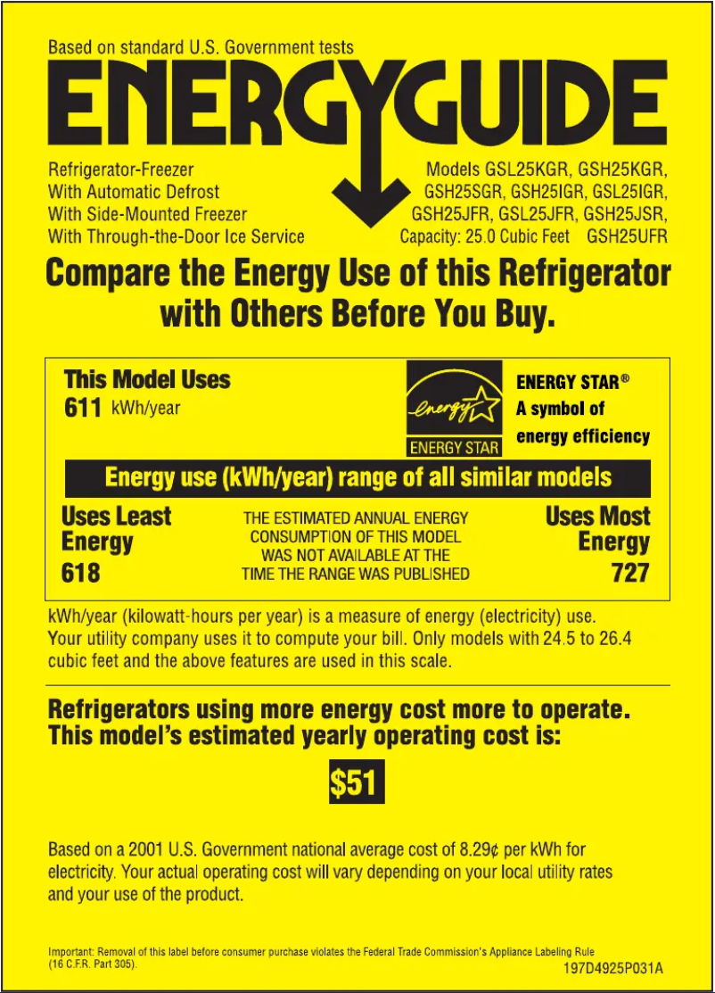 Page 1 de la notice Label énergétique GE GSH25UFRBB