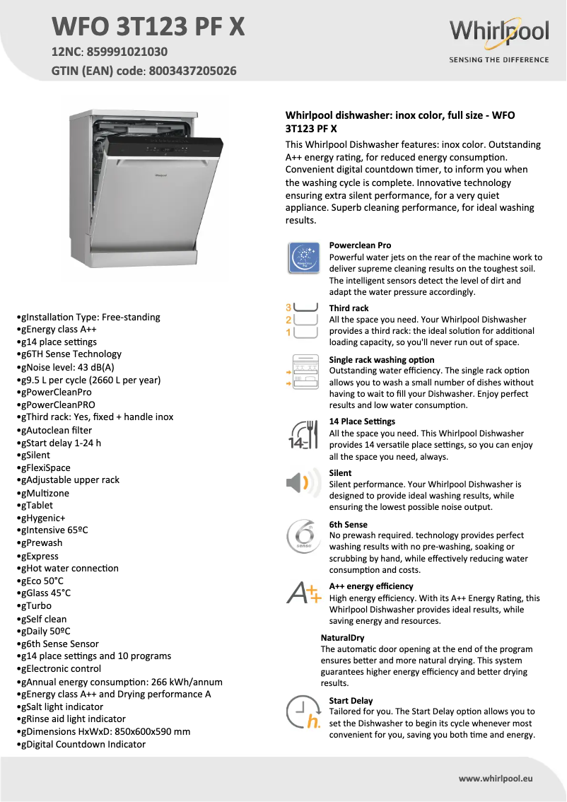 Página 1 del manual Ficha técnica Whirlpool WFO 3T123 PF X