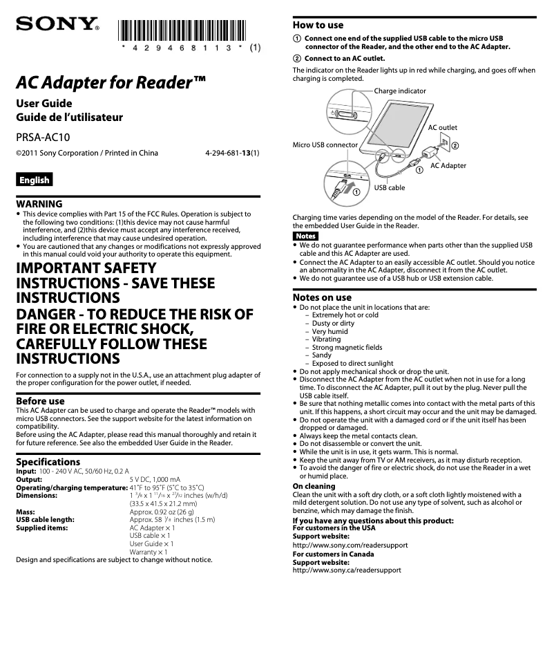 Page n°1 - Manuel utilisateur Sony PRSA-AC10
