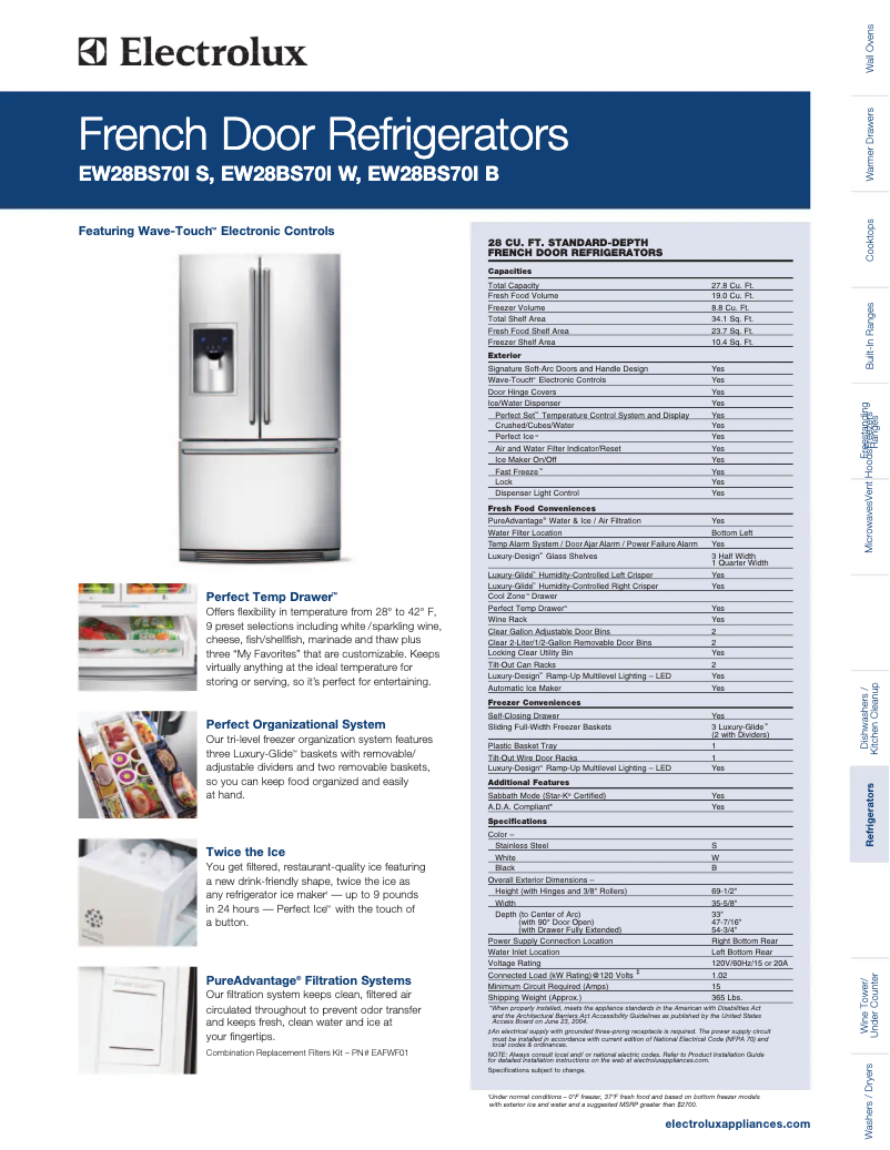 Page 1 de la notice Fiche technique Electrolux EW28BS70IS