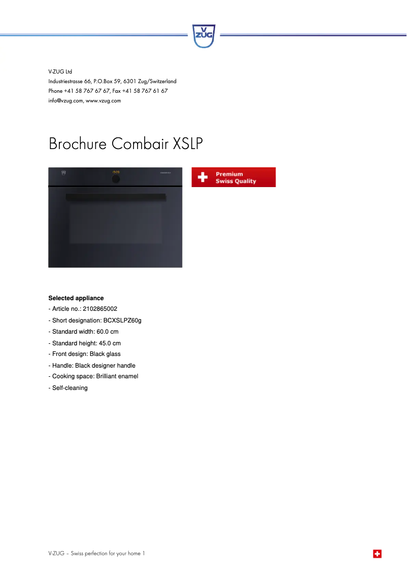 Page 1 de la notice Fiche technique V-Zug BCXSLPZ60