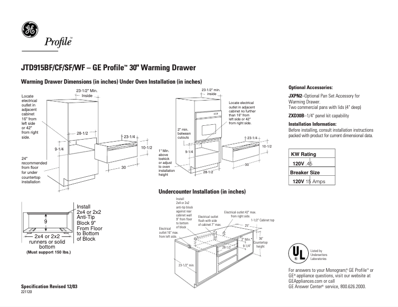 Page n°1 - Fiche technique GE Profile JTD915BFBB