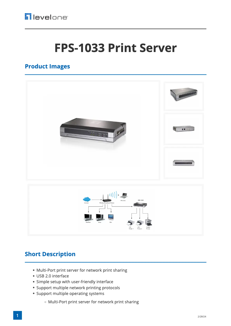 Page 1 de la notice Fiche technique LevelOne FPS-1033