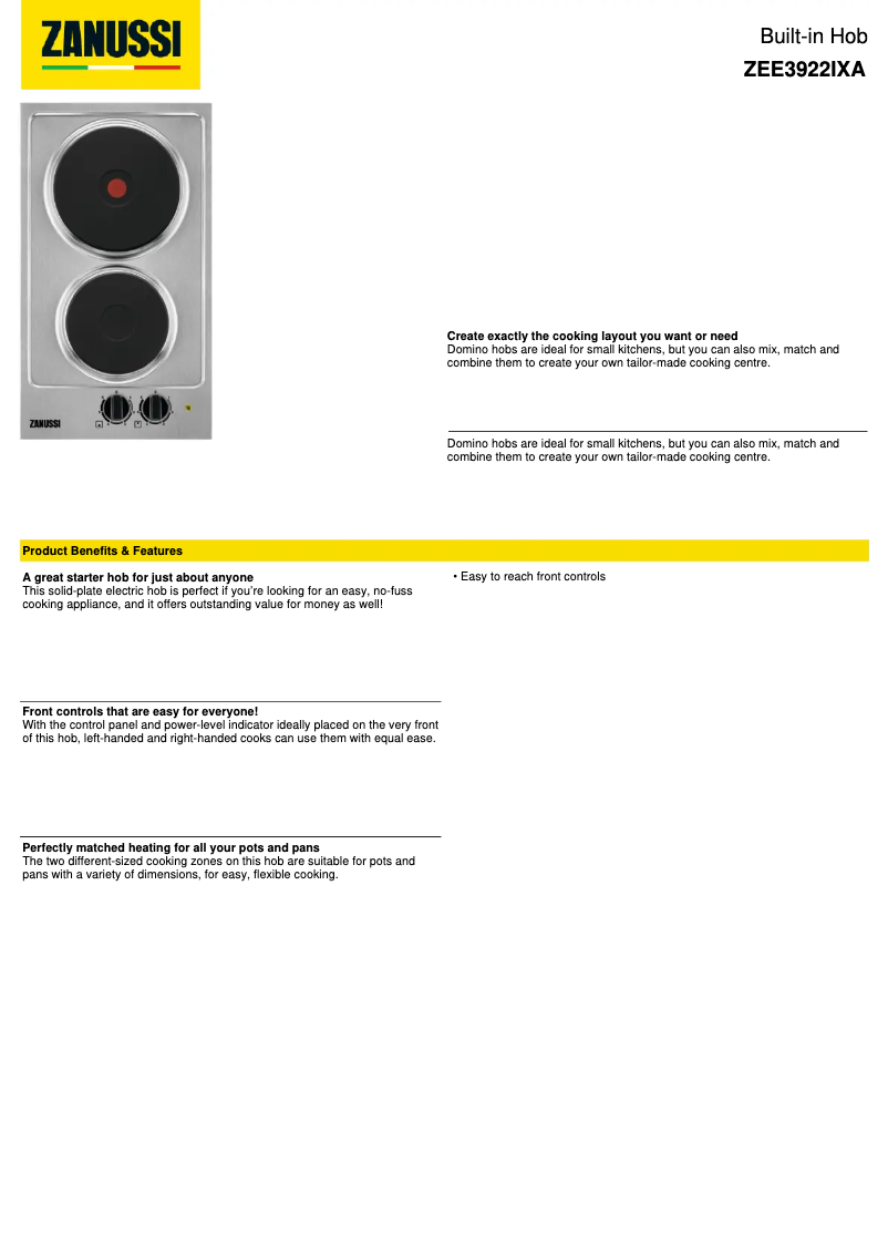 Page 1 de la notice Fiche technique Zanussi ZEE3922IXA