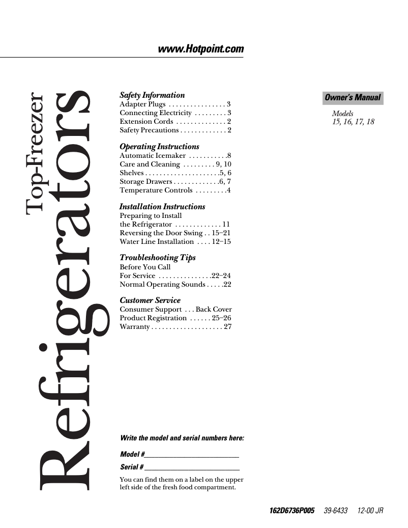 Page 1 de la notice Manuel d'utilisation et d'entretien Hotpoint CTH16CYBRWW