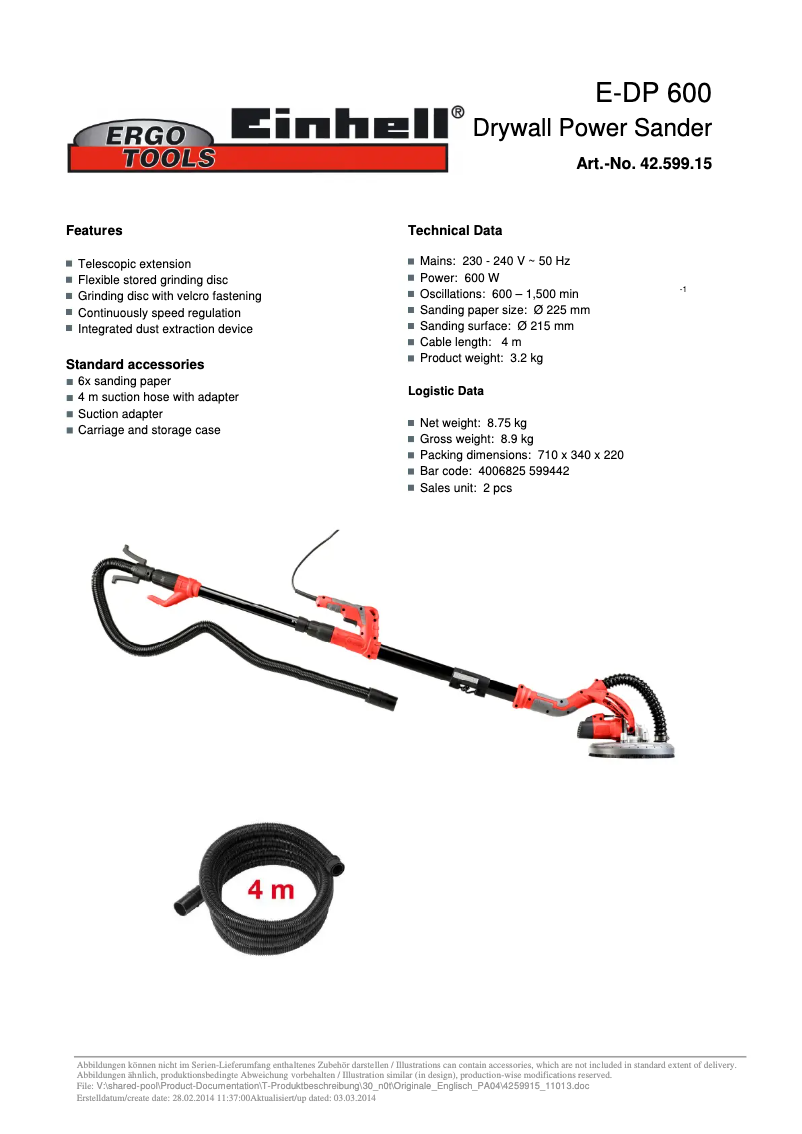 Page 1 de la notice Fiche technique Einhell E-DP 600