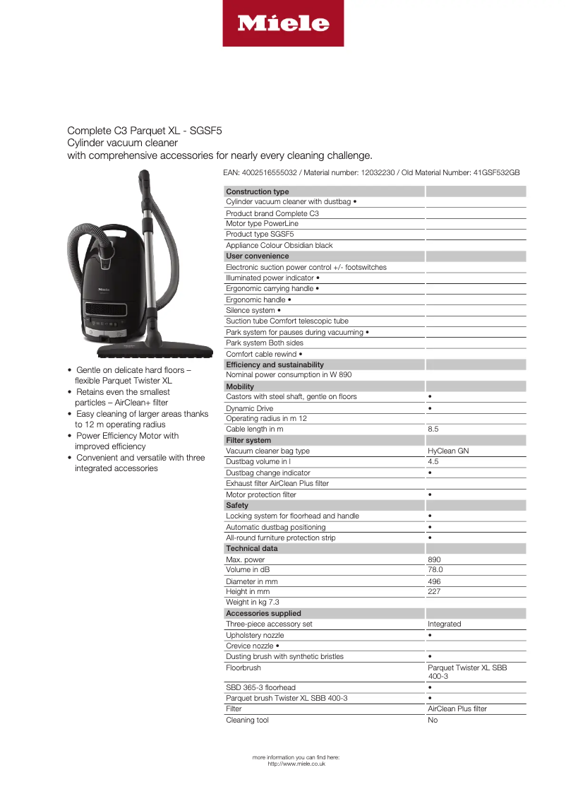 Page n°1 - Fiche technique Miele Complete C3 Parquet XL