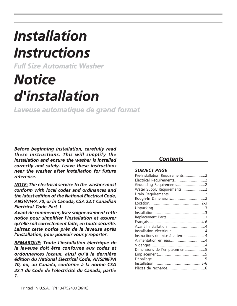 Page n°1 - Guide d'installation Frigidaire GLWS1439FS