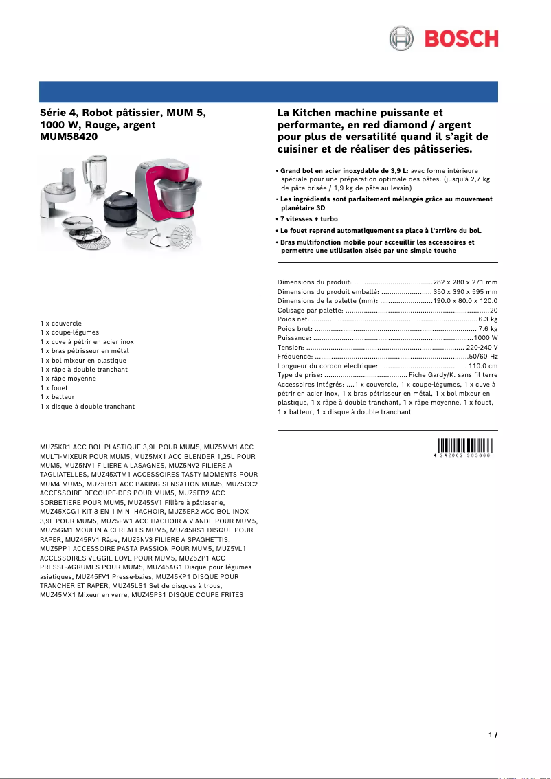 Page n°1 - Fiche technique Bosch MUM58420