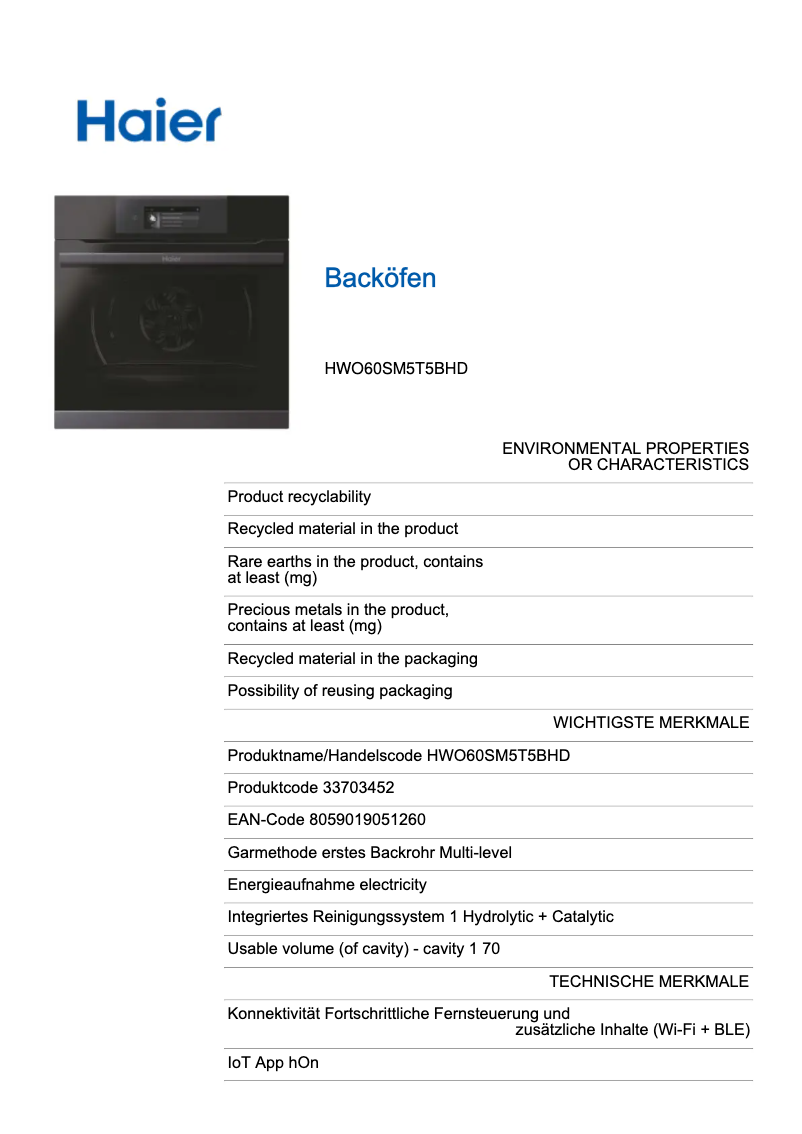 Page n°1 - Label énergétique Haier HWO60SM5T5BHD
