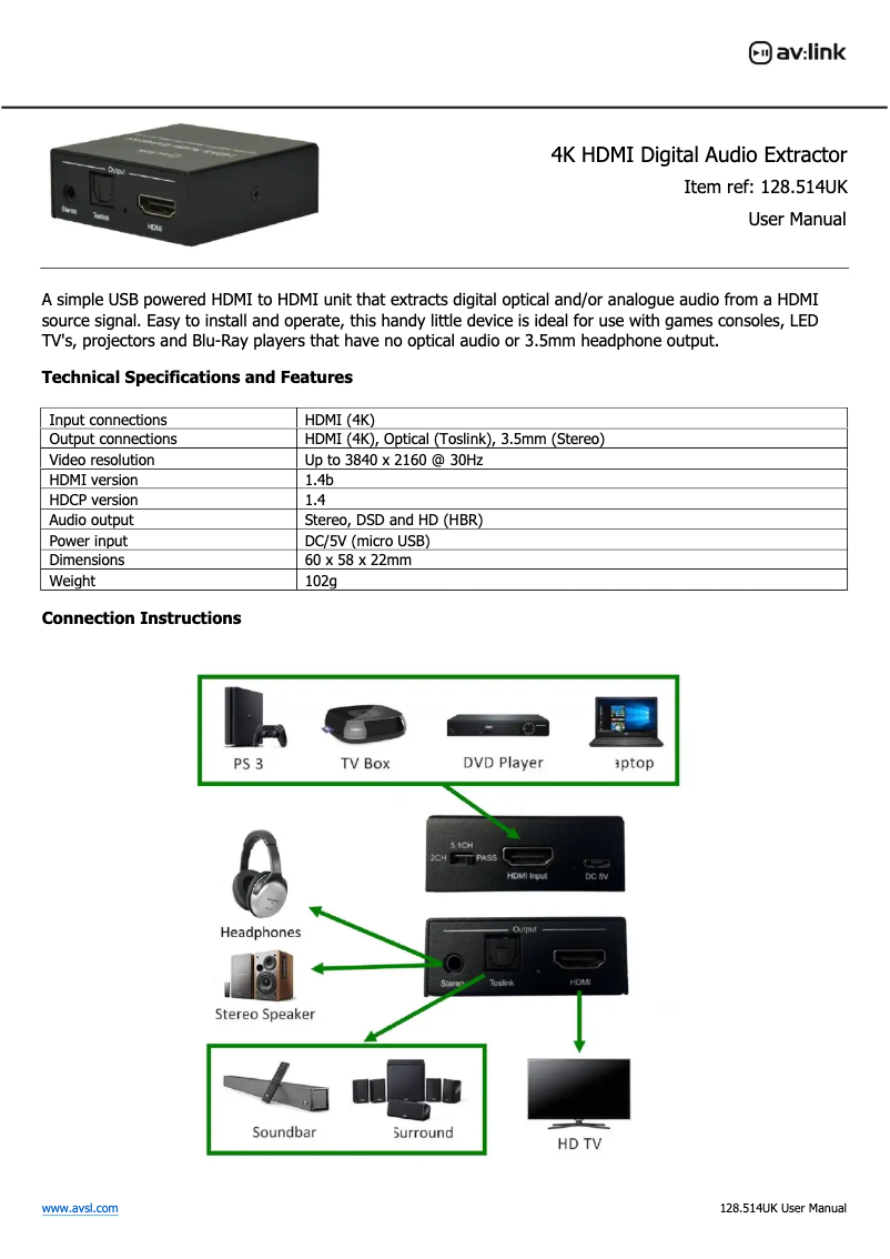 Page n°1 - Manuel utilisateur AV:link AD-SPK42