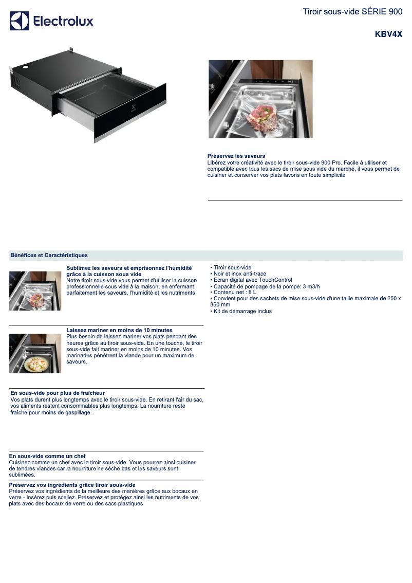 Page 1 de la notice Fiche technique Electrolux KBV4X