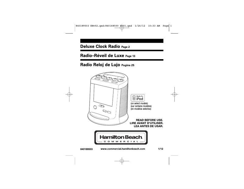 Page 1 de la notice Manuel utilisateur Hamilton Beach HCR410